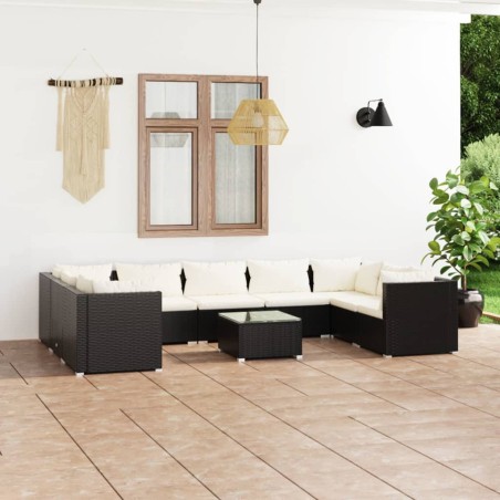 vidaXL Set de muebles de jardín 10 pzs y cojines ratán sintético negro
