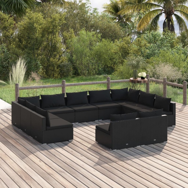 vidaXL Set de muebles de jardín 11 pzas cojines ratán sintético negro vidaXL Set de muebles de jardín 11 pzas cojines ratán sintético negro