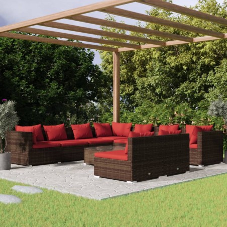 vidaXL Set muebles de jardín 10 pzas y cojines ratán sintético marrón
