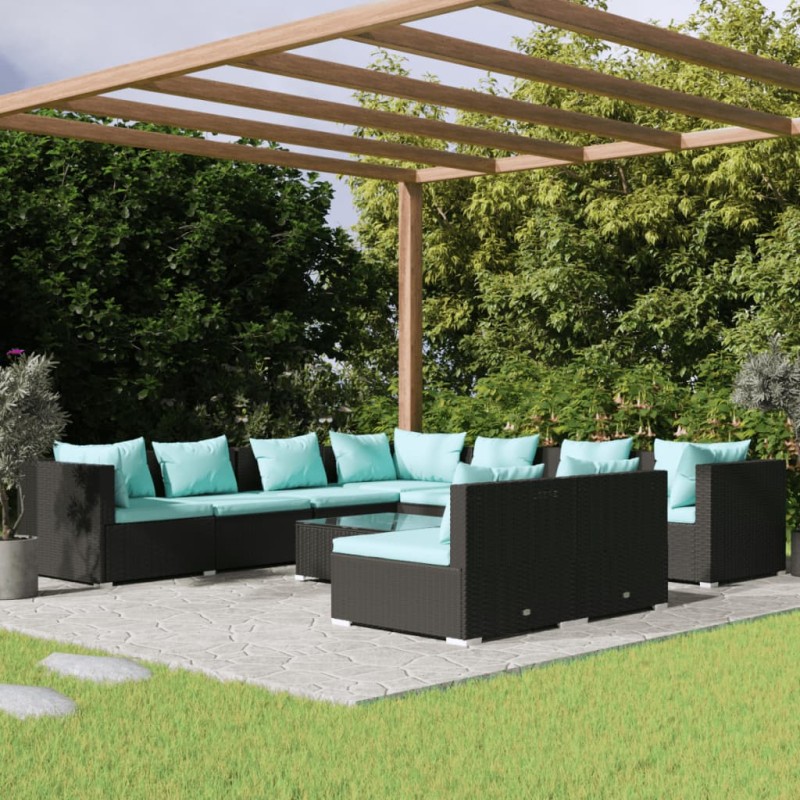 vidaXL Set de muebles de jardín 10 pzas cojines ratán sintético negro vidaXL Set de muebles de jardín 10 pzas cojines ratán sintético negro