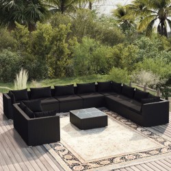 vidaXL Set muebles de jardín 11 pzas y cojines ratán sintético negro