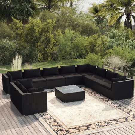 vidaXL Set muebles de jardín 11 pzas y cojines ratán sintético negro