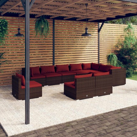 vidaXL Set muebles de jardín 10 pzas y cojines ratán sintético marrón