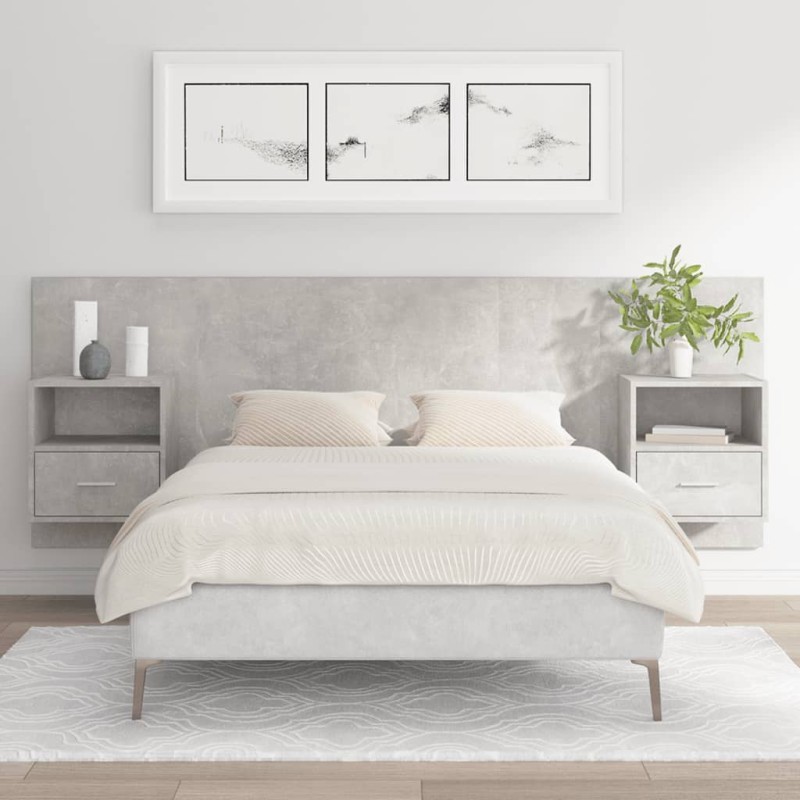 vidaXL Cabecero de cama con mesitas madera contrachapada gris hormigón vidaXL Cabecero de cama con mesitas madera contrachapada gris hormigón