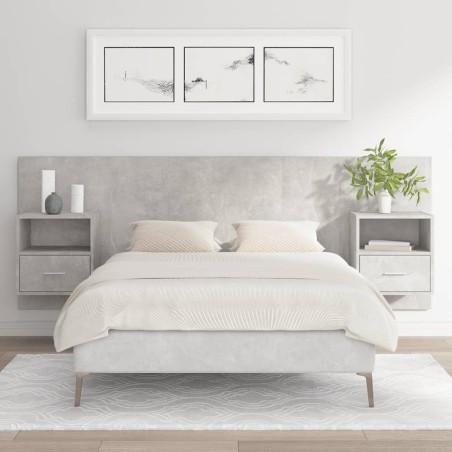 vidaXL Cabecero de cama con mesitas madera contrachapada gris hormigón