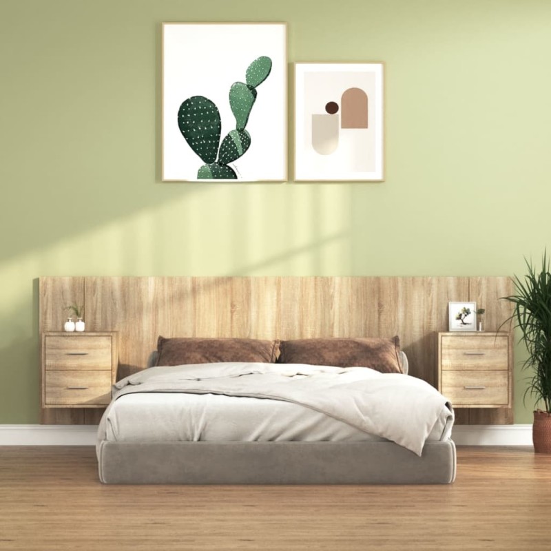 vidaXL Cabecero de cama con mesitas madera contrachapada roble Sonoma vidaXL Cabecero de cama con mesitas madera contrachapada roble Sonoma