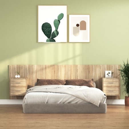 vidaXL Cabecero de cama con mesitas madera contrachapada roble Sonoma
