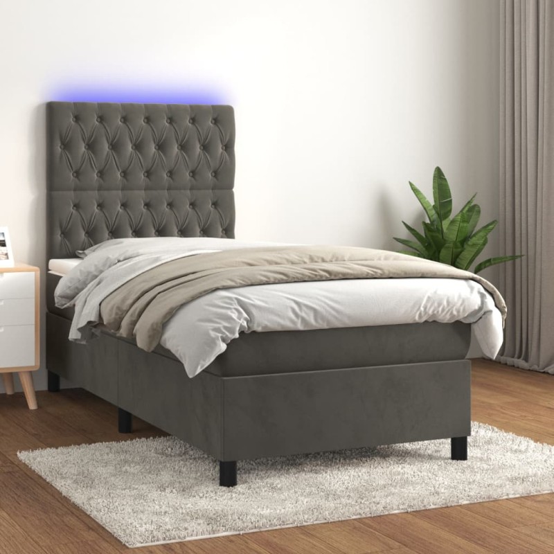 vidaXL Cama box spring colchón y LED terciopelo gris oscuro 90x200 cm vidaXL Cama box spring colchón y LED terciopelo gris oscuro 90x200 cm