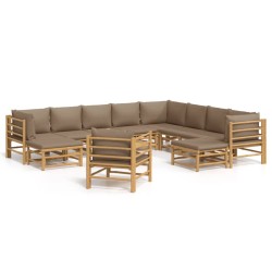 vidaXL Set de muebles de jardín 12 piezas bambú y cojines gris taupé