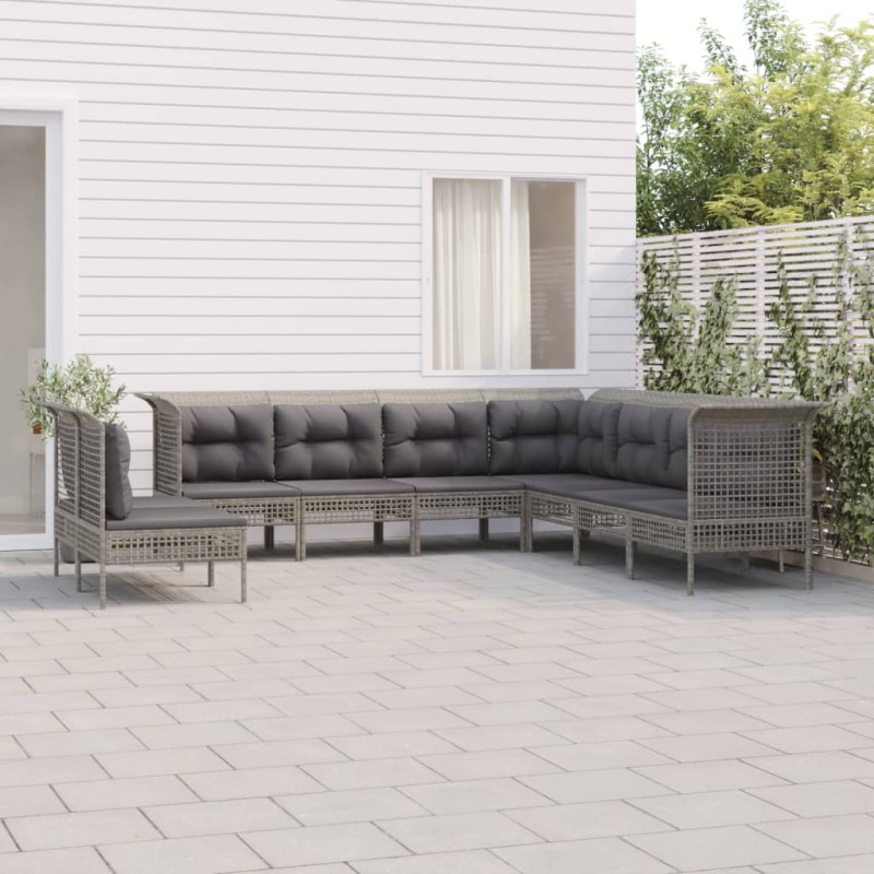 vidaXL Set de muebles de jardín 9 pzas y cojines ratán sintético gris vidaXL Set de muebles de jardín 9 pzas y cojines ratán sintético gris