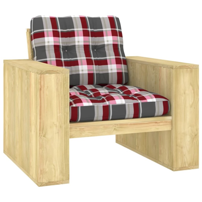 vidaXL Silla de jardín y cojines cuadros rojos madera pino impregnada vidaXL Silla de jardín y cojines cuadros rojos madera pino impregnada