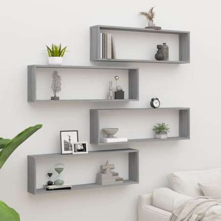 vidaXL Estante cubo pared 4 uds contrachapada gris Sonoma 100x15x30 cm