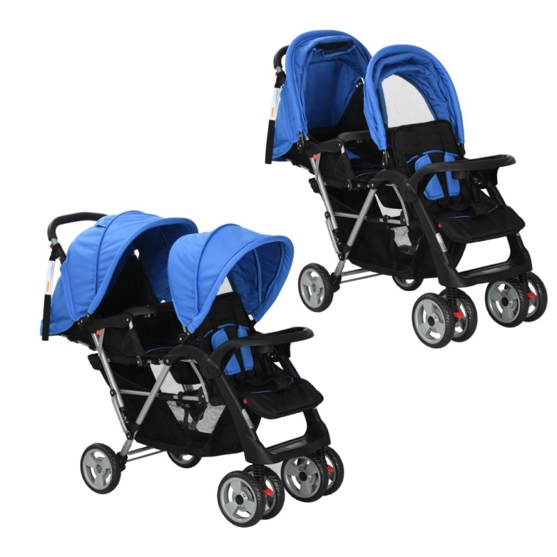 vidaXL Carrito para 2 niños tandem de acero azul y negro 