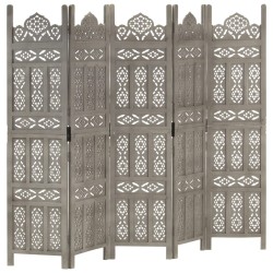 vidaXL Biombo 5 paneles tallado a mano madera de mango gris 200x165 cm