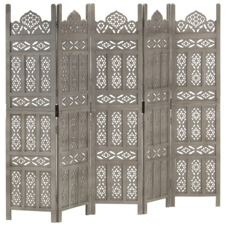 vidaXL Biombo 5 paneles tallado a mano madera de mango gris 200x165 cm