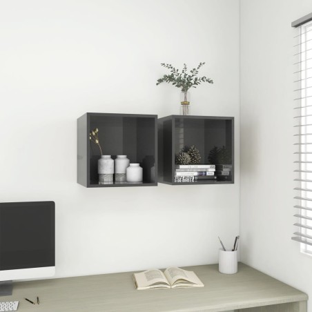 vidaXL Armario pared 2 uds madera contrachapada gris brillo 37x37x37cm