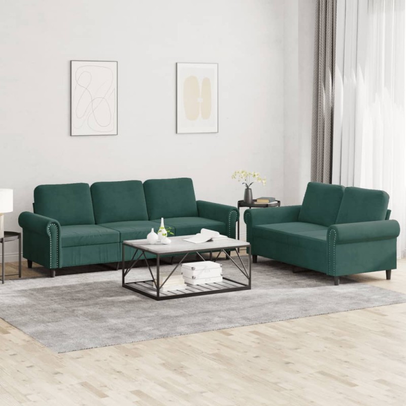vidaXL Juego de sofás con cojines 2 piezas terciopelo verde oscuro vidaXL Juego de sofás con cojines 2 piezas terciopelo verde oscuro