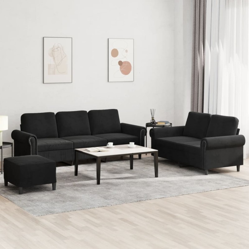 vidaXL Juego de sofás con cojines 3 piezas terciopelo negro vidaXL Juego de sofás con cojines 3 piezas terciopelo negro
