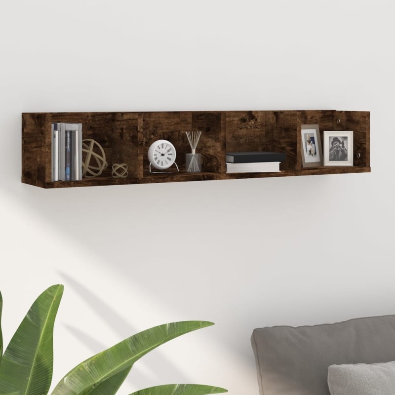 vidaXL Estante de pared para CD madera color roble ahumado 100x18x18cm vidaXL Estante de pared para CD madera color roble ahumado 100x18x18cm