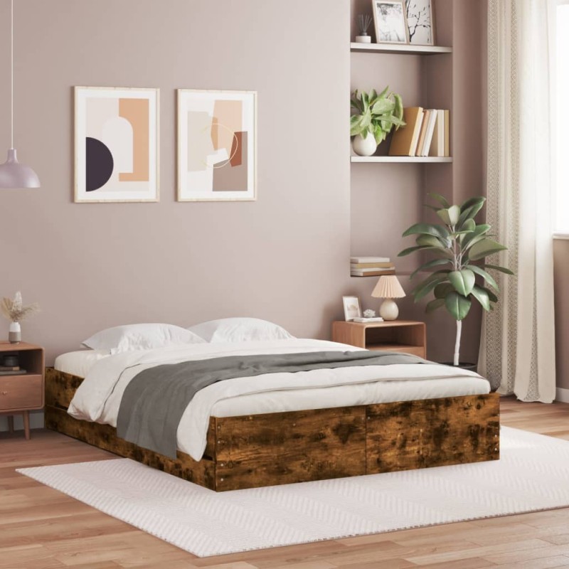 vidaXL Cama con cajones madera de ingeniería roble ahumado 150x200 cm vidaXL Cama con cajones madera de ingeniería roble ahumado 150x200 cm
