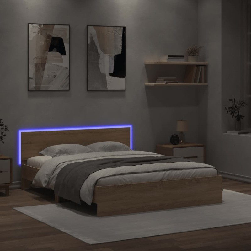 vidaXL Estructura de cama cabecero y luces LED roble Sonoma 160x200 cm vidaXL Estructura de cama cabecero y luces LED roble Sonoma 160x200 cm