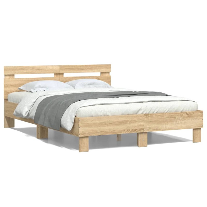 vidaXL Estructura de cama cabecero y luces LED roble Sonoma 135x190 cm vidaXL Estructura de cama cabecero y luces LED roble Sonoma 135x190 cm