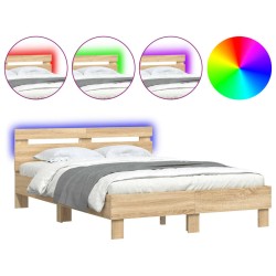 vidaXL Estructura de cama cabecero y luces LED roble Sonoma 135x190 cm