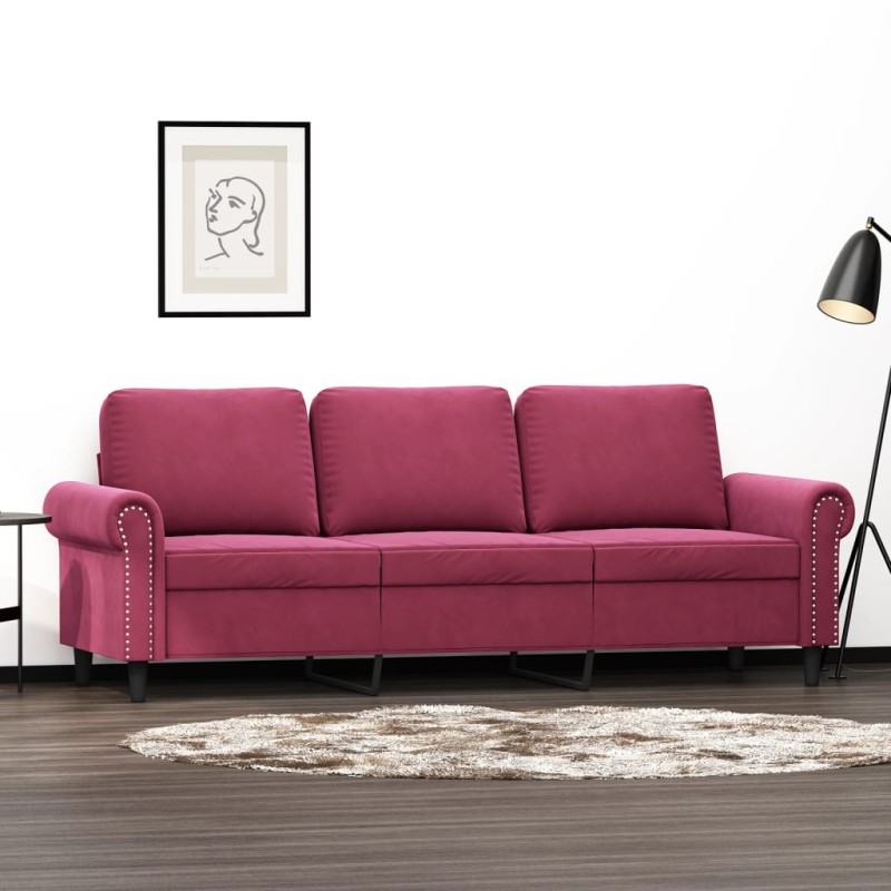 vidaXL Sofá de 3 plazas de terciopelo rojo tinto 180 cm vidaXL Sofá de 3 plazas de terciopelo rojo tinto 180 cm