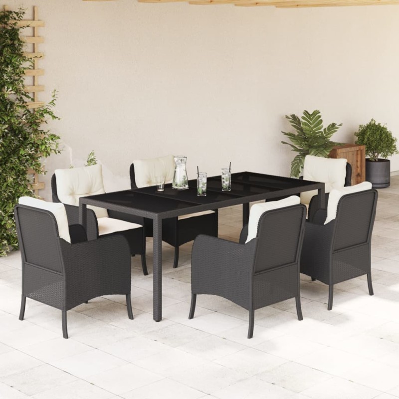 vidaXL Set de comedor de jardín 7 pzas y cojines ratán sintético negro