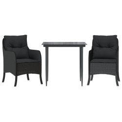 vidaXL Set comedor de jardín 3 pzas con cojines ratán sintético negro