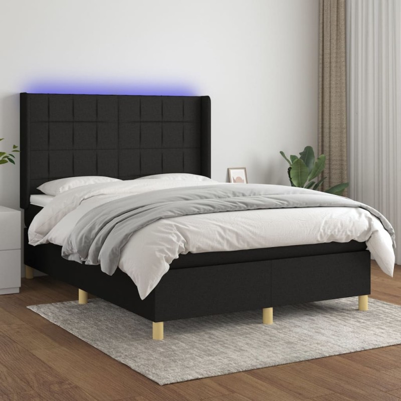 vidaXL Cama box spring colchón y luces LED tela negro 140x200 cm vidaXL Cama box spring colchón y luces LED tela negro 140x200 cm