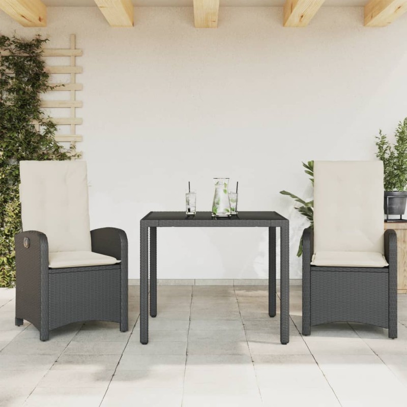 vidaXL Set comedor de jardín 3 pzas con cojines ratán sintético negro