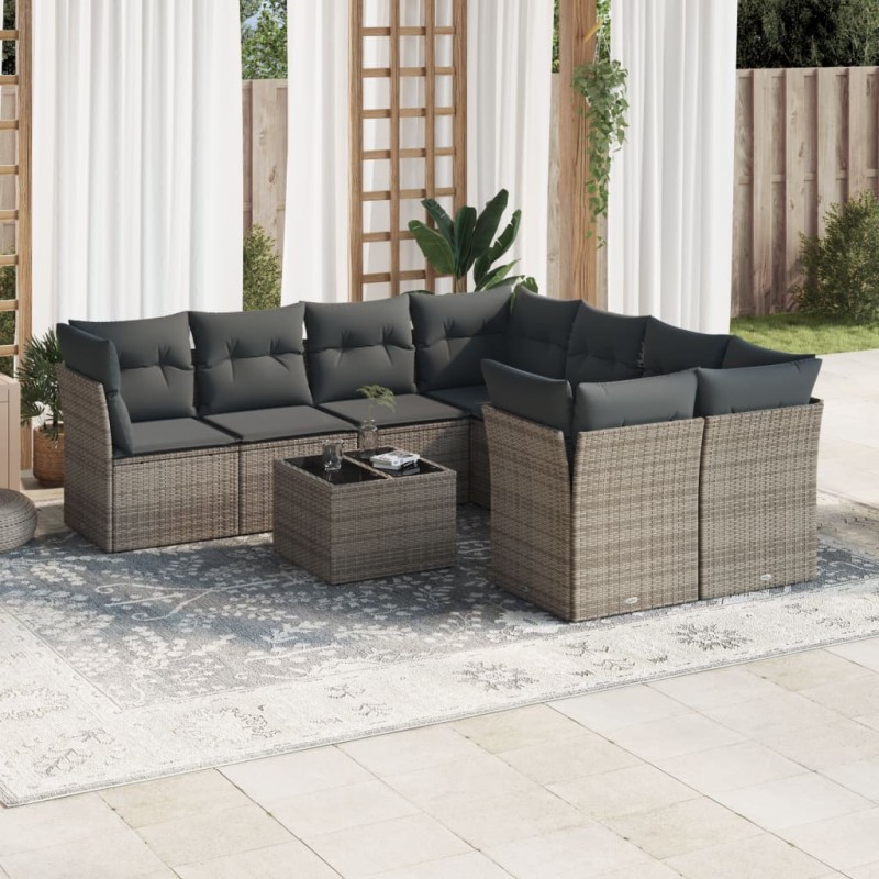 vidaXL Set de muebles de jardín 9 pzas y cojines ratán sintético gris vidaXL Set de muebles de jardín 9 pzas y cojines ratán sintético gris