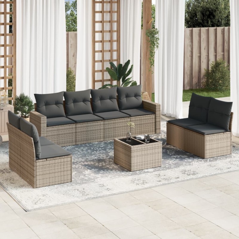vidaXL Set de muebles de jardín 9 pzas y cojines ratán sintético gris vidaXL Set de muebles de jardín 9 pzas y cojines ratán sintético gris