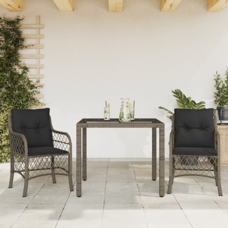 vidaXL Sillas y mesita de jardín con cojines 3 piezas ratán PE gris