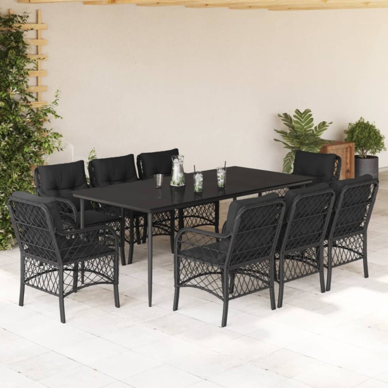 vidaXL Set de comedor de jardín 9 pzas y cojines ratán sintético negro