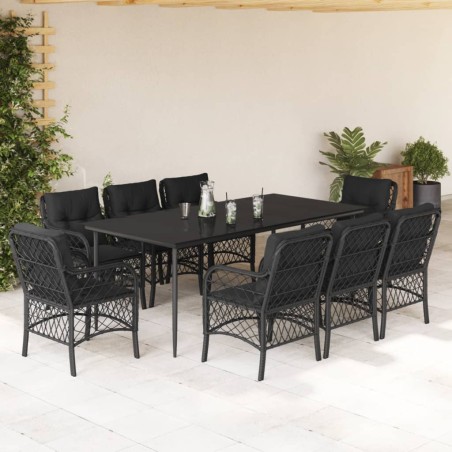 vidaXL Set de comedor de jardín 9 pzas y cojines ratán sintético negro