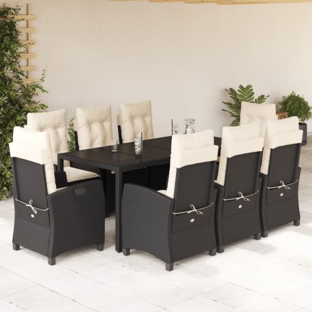 vidaXL Set de comedor de jardín 9 pzas y cojines ratán sintético negro
