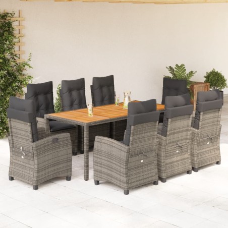 vidaXL Set comedor jardín 9 pzas y cojines ratán sintético gris