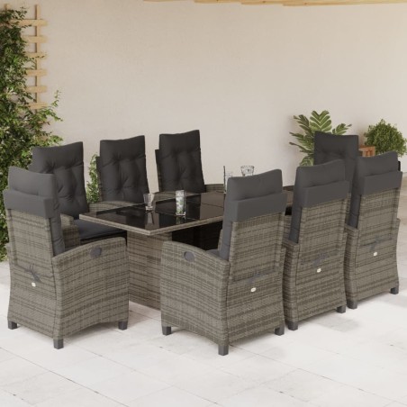 vidaXL Set comedor jardín 9 pzas y cojines ratán sintético gris