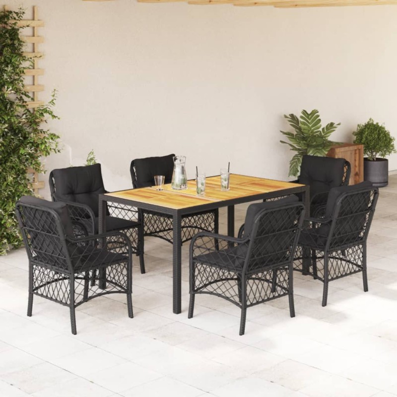 vidaXL Set de comedor de jardín 7 pzas y cojines ratán sintético negro vidaXL Set de comedor de jardín 7 pzas y cojines ratán sintético negro