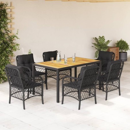 vidaXL Set de comedor de jardín 7 pzas y cojines ratán sintético negro