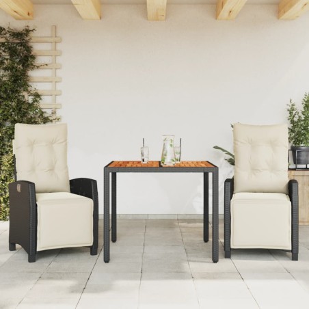 vidaXL Set comedor de jardín 3 pzas con cojines ratán sintético negro