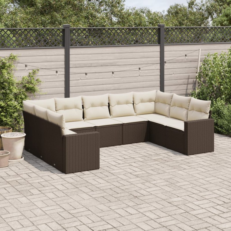 vidaXL Set de sofás de jardín 9 pzas y cojines ratán sintético marrón vidaXL Set de sofás de jardín 9 pzas y cojines ratán sintético marrón