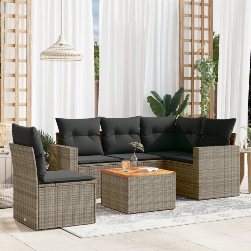 vidaXL Set de muebles de jardín 6 pzas y cojines ratán sintético gris vidaXL Set de muebles de jardín 6 pzas y cojines ratán sintético gris