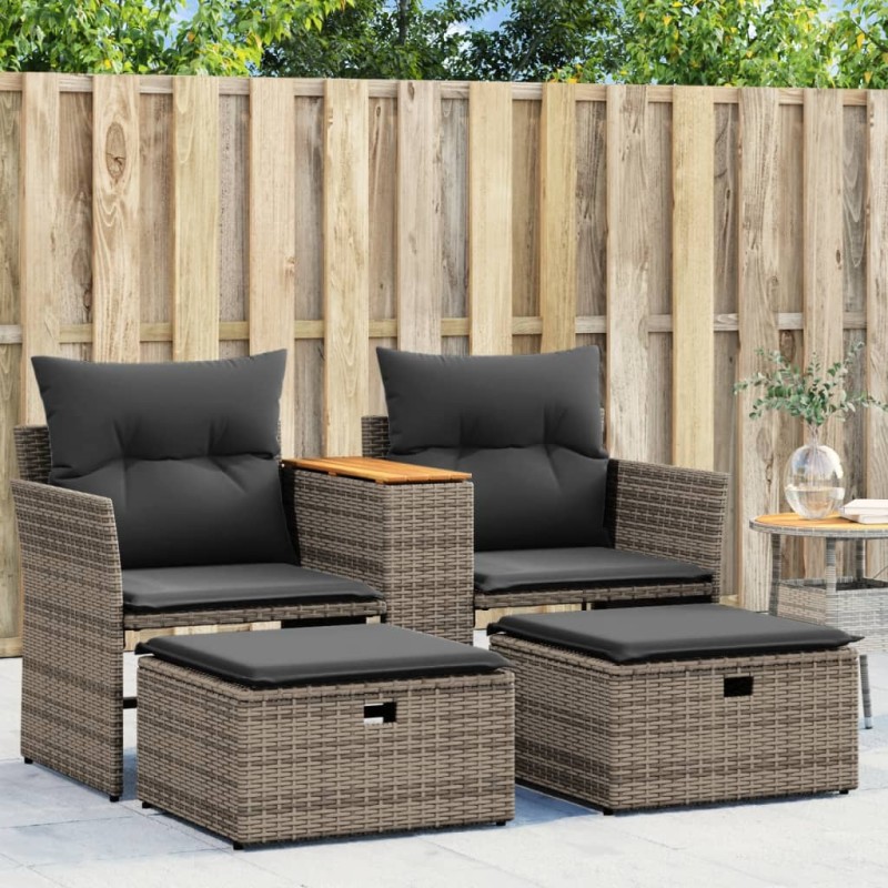 vidaXL Sofá de jardín 2 plazas con toldo y taburetes ratán PE gris vidaXL Sofá de jardín 2 plazas con toldo y taburetes ratán PE gris