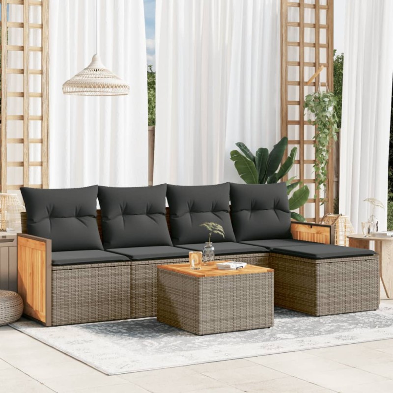vidaXL Set de muebles de jardín 6 pzas y cojines ratán sintético gris vidaXL Set de muebles de jardín 6 pzas y cojines ratán sintético gris