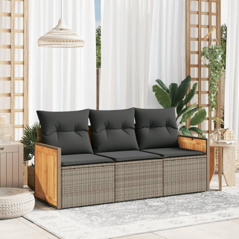vidaXL Set de sofá de jardín 3 pzas y cojines ratán sintético gris vidaXL Set de sofá de jardín 3 pzas y cojines ratán sintético gris