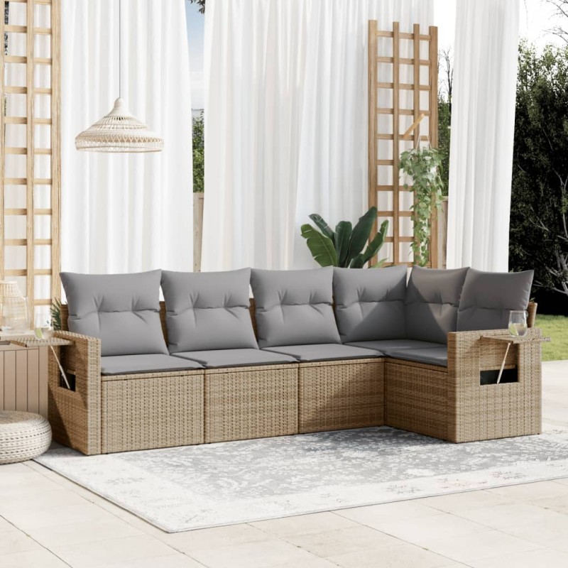 vidaXL Juego de sofás jardín con cojines 5 pzas ratán sintético beige vidaXL Juego de sofás jardín con cojines 5 pzas ratán sintético beige