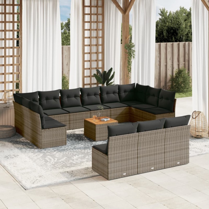 vidaXL Set de sofás de jardín 14 pzas con cojines ratán sintético gris vidaXL Set de sofás de jardín 14 pzas con cojines ratán sintético gris